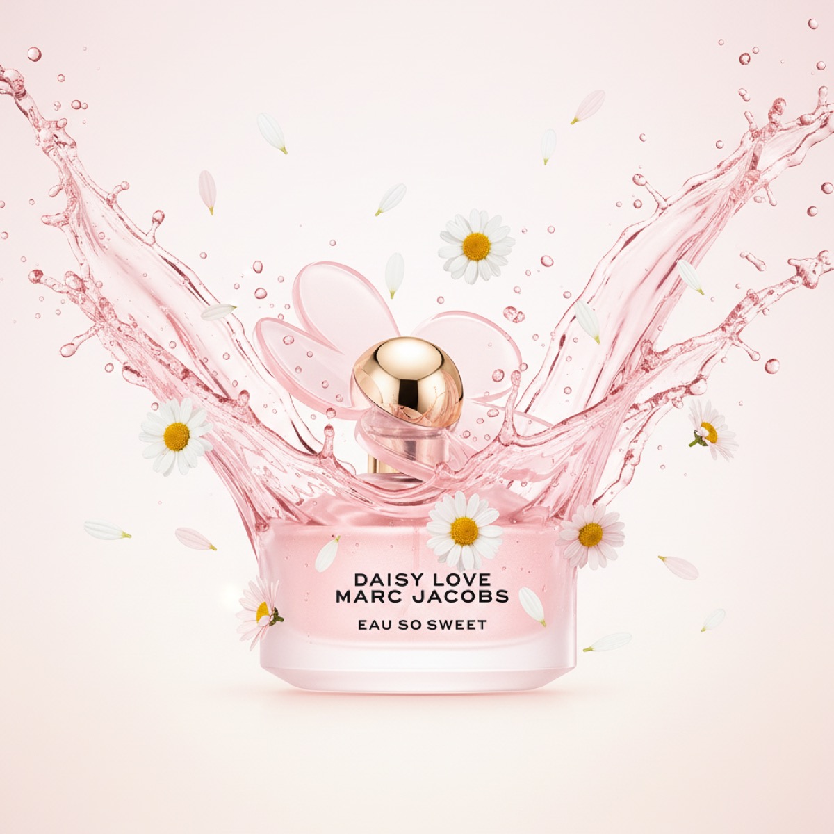 AI-generated product shot — perfume with daisy splash