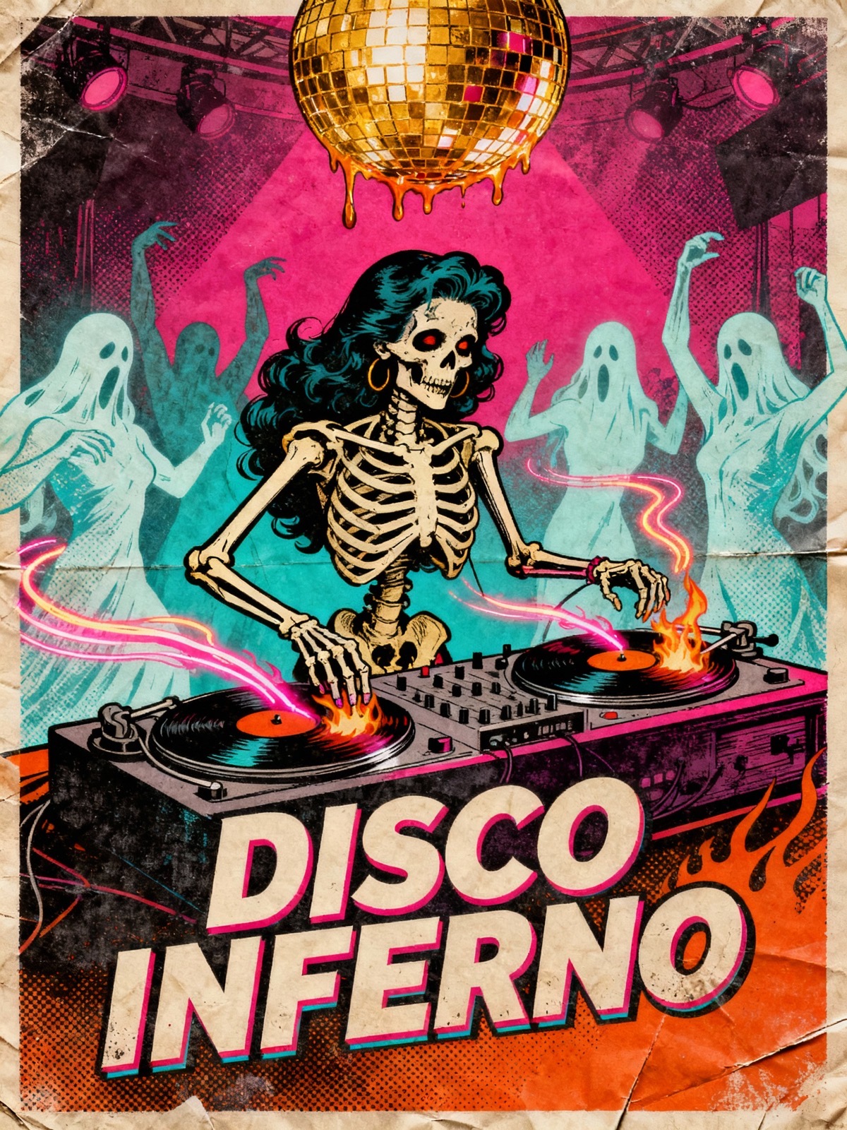 AI-generated illustration — Disco Inferno skeleton DJ poster