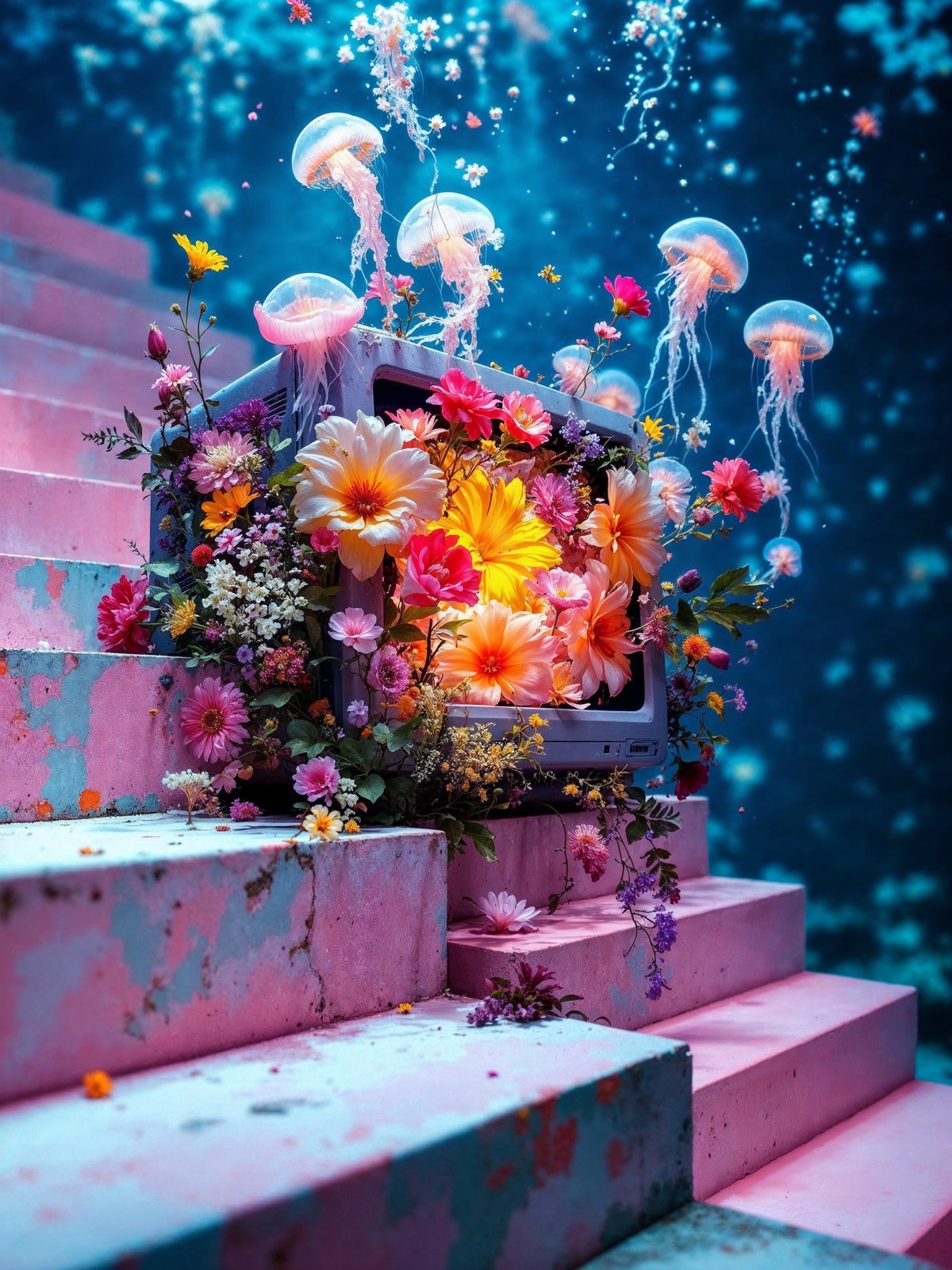 AI-generated surreal — underwater 90s Mac with jellyfish