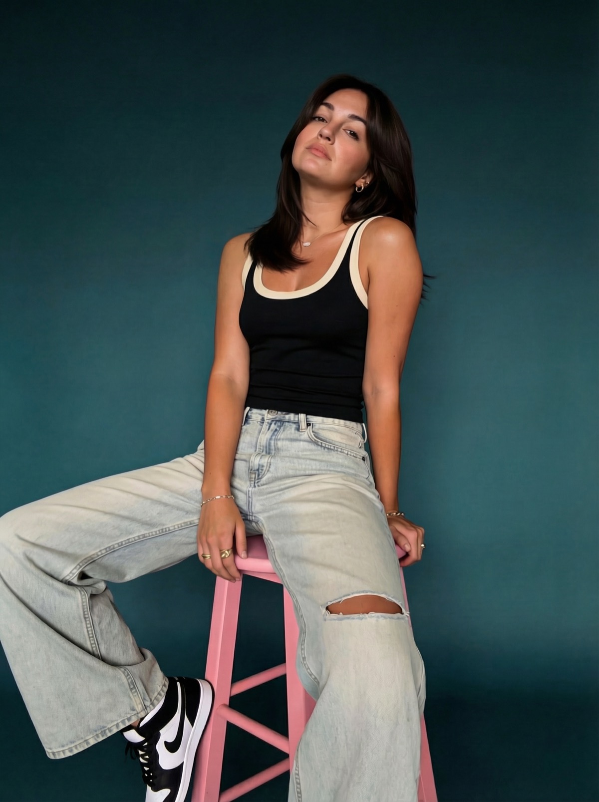 AI-generated portrait — Lo on pink stool