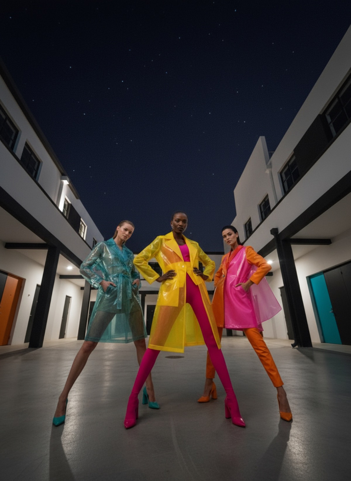 Three models in neon raincoats