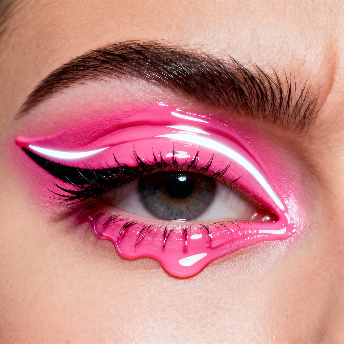 AI-generated beauty closeup — pink drip eye makeup