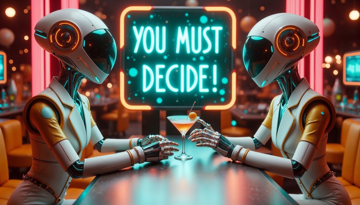 AI-generated surreal — two robots at cosmic bar