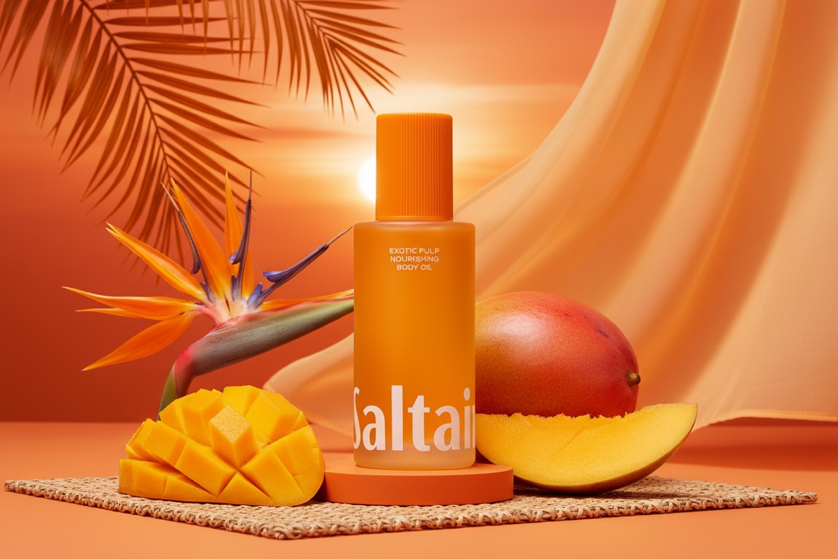 AI-generated product shot — body oil with mango