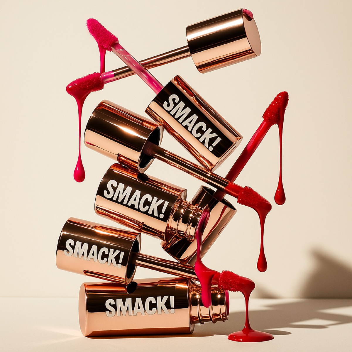 AI-generated product shot — lip gloss stack