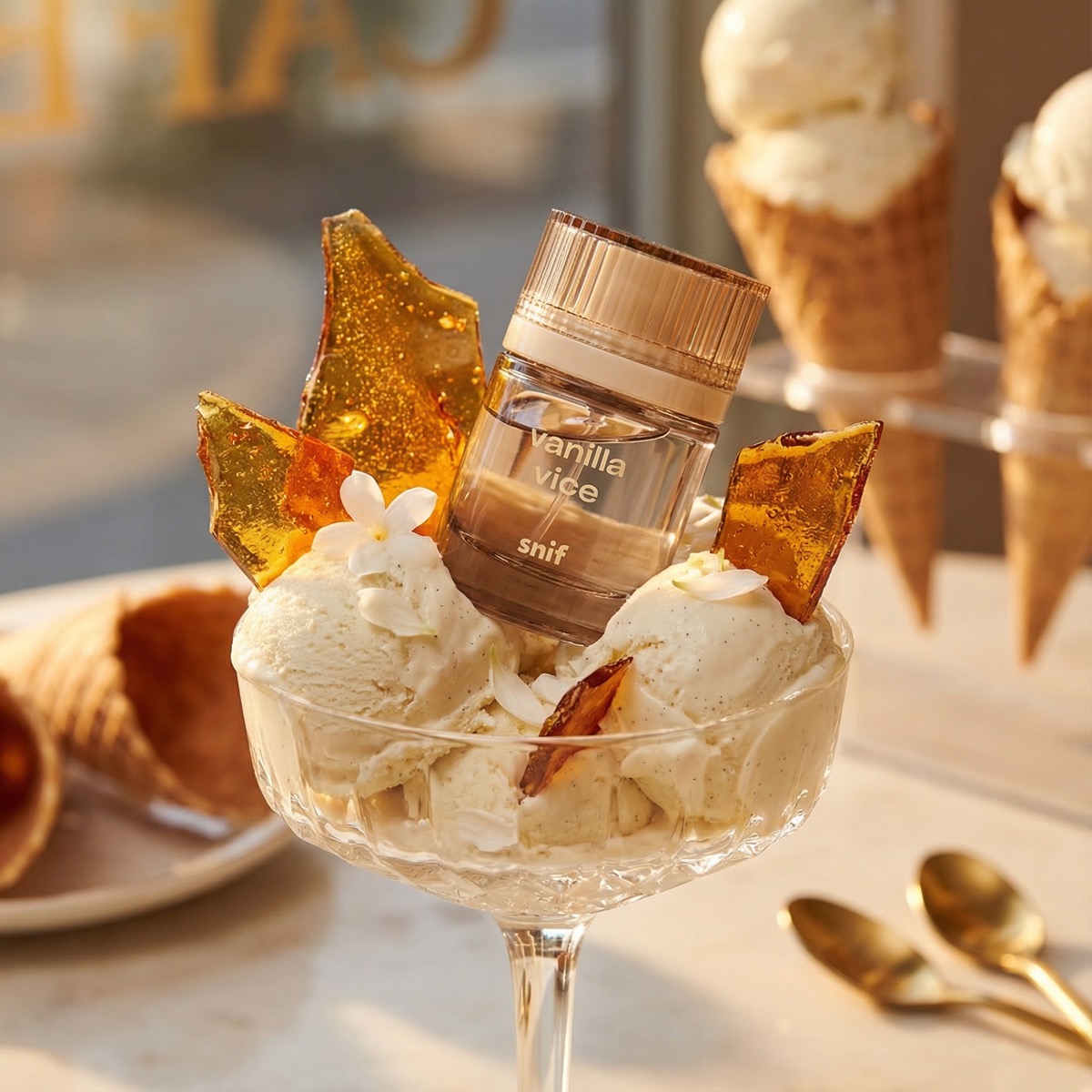 AI-generated product photography — perfume in sundae
